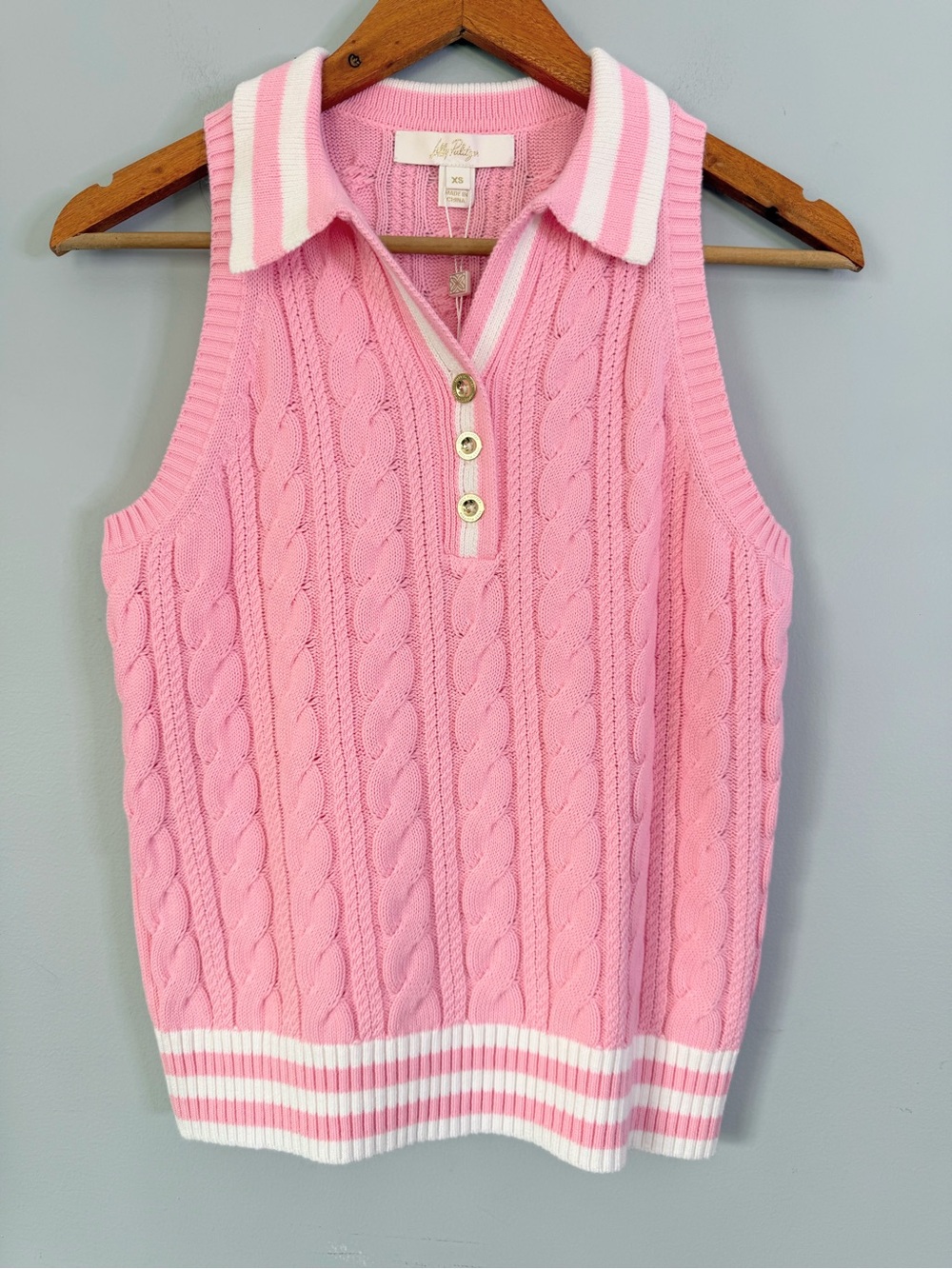 Lilly Pulitzer Suzette Polo Sweater Tank Conch Shell Pink Resort White XS Cable - Picture 3 of 9